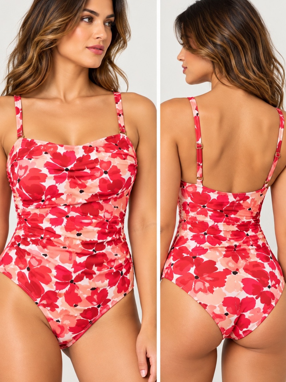 Catherine Malandrino floral 1 piece swimsuit size M pink ruching NWT